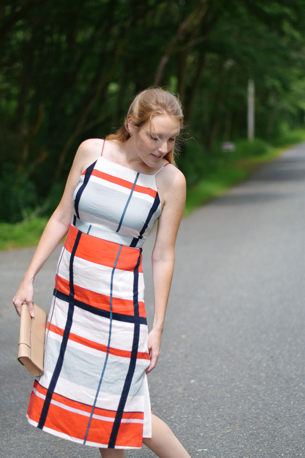 styling an Ann Taylor striped linen dress with cork wedge sandals for easy summer style