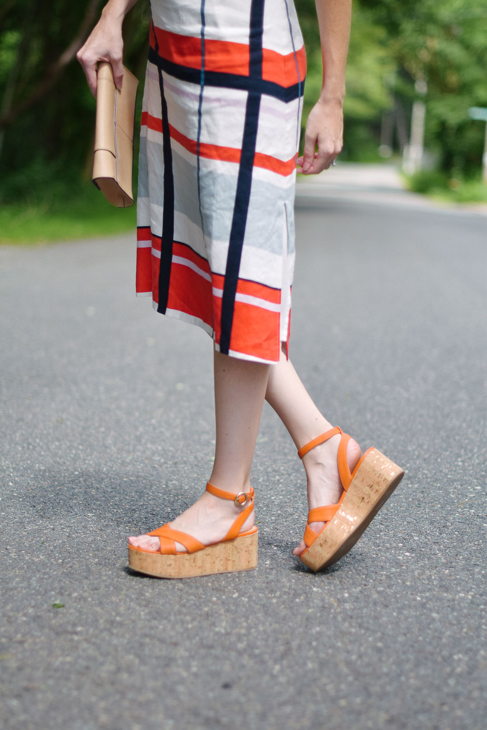 styling an Ann Taylor striped linen dress with cork wedge sandals for easy summer style