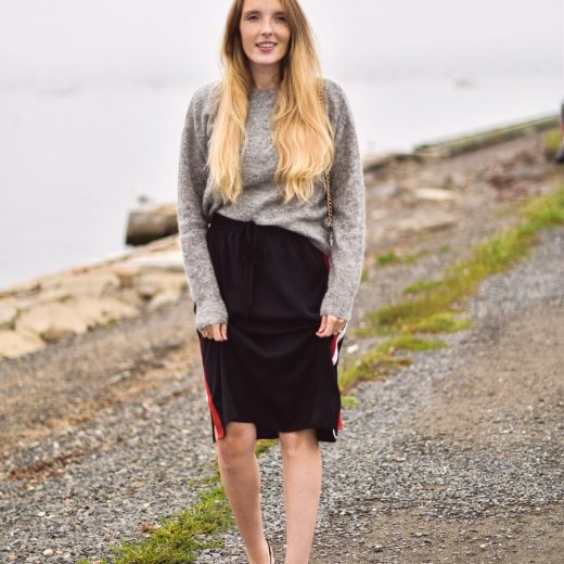 styling a mohair sweater with silky track skirt and black slingback pumps for fall outfit inspiration