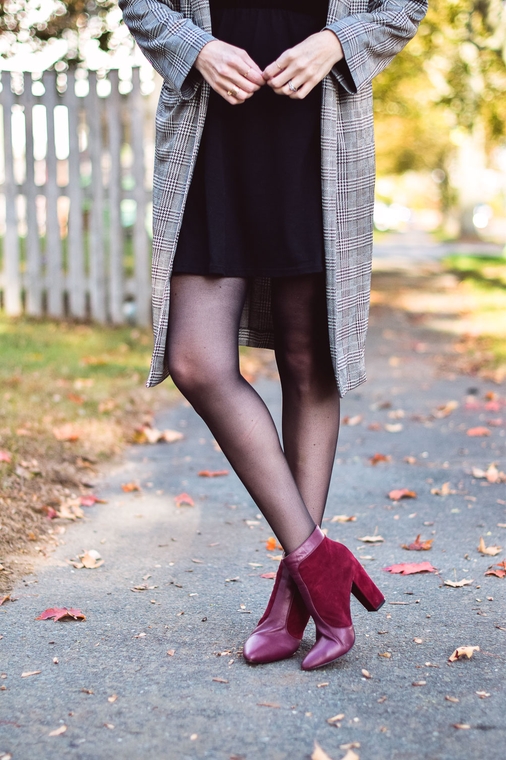 sharing an easy holiday party outfit with this Topshop balloon sleeve dress, checked trench coat, and oxblood booties