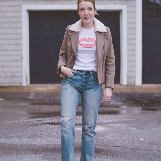 wearing high rise straight jeans with a shearling collar jacket, graphic tee, and pink block heel mules