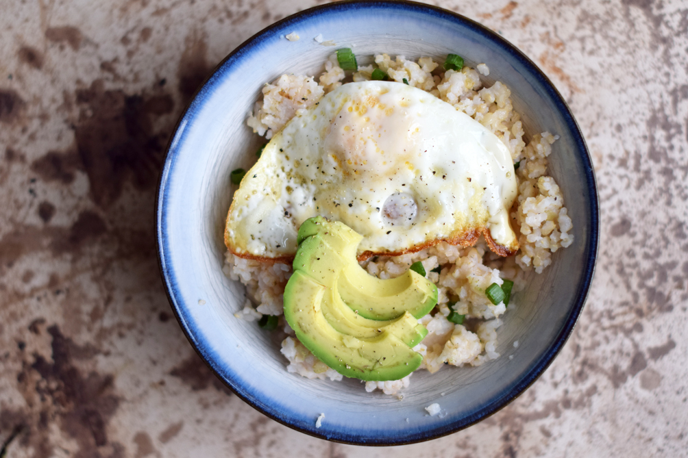 fried egg avocado rice bowl - One Brass Fox