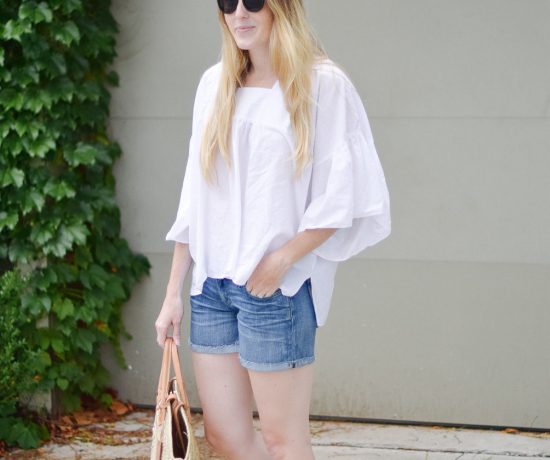 Leslie Musser styling the perfect straw market bag with Paige denim shorts and citron flats